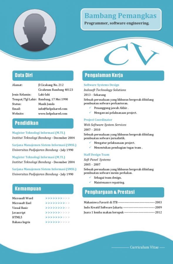 Contoh CV lamaran kerja (Curriculum Vitae) yang menarik dan kreatif / Daftar Riwayat Hidup yang baik dan benar untuk melamar pekerjaan