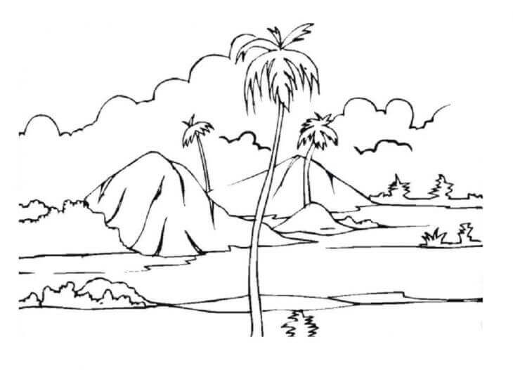 gambar mewarnai pemandangan gunung dan pohon kelapa
