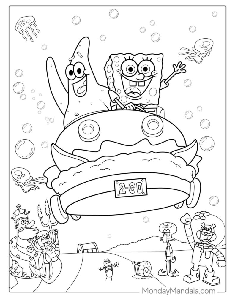 50 Gambar Mewarnai Spongebob, Patrick, Squidward Lucu (Gratis)